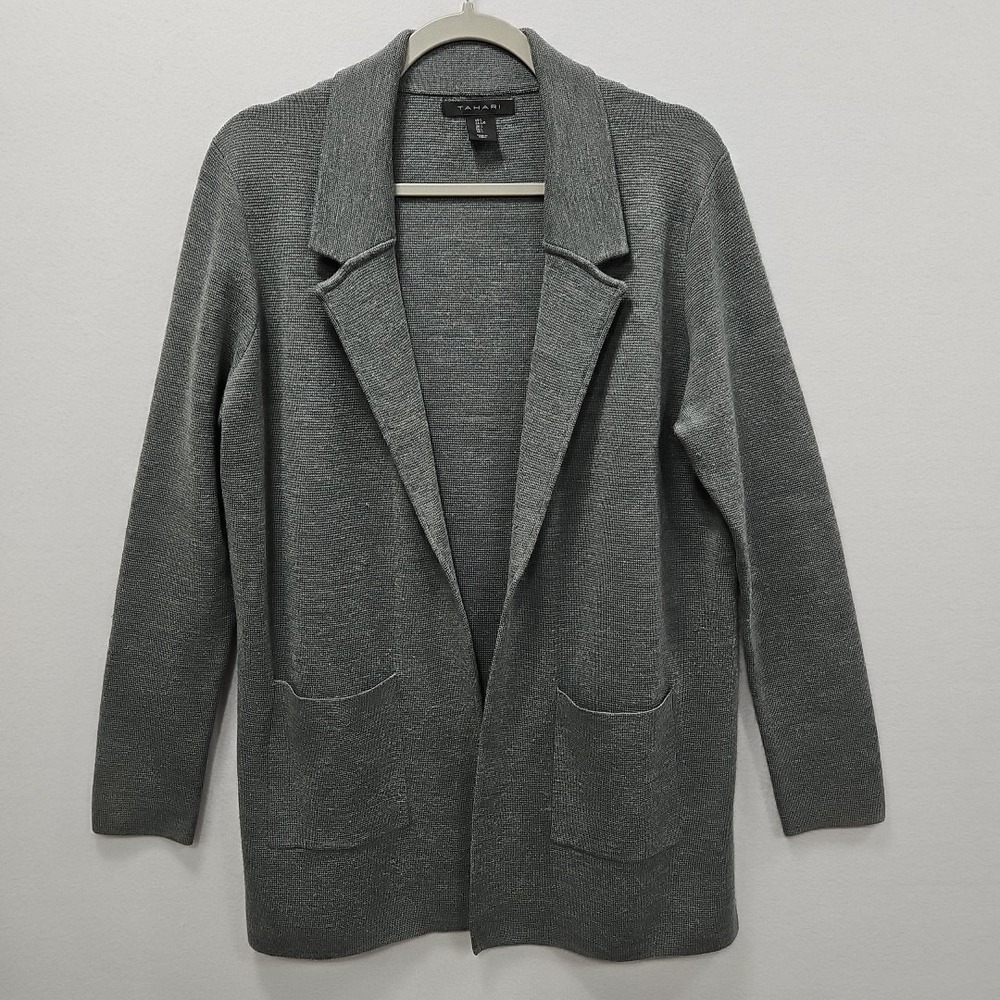 Tahari Womens Large Merino Wool Blend Gray Open Front Cardigan Sweater Blazer